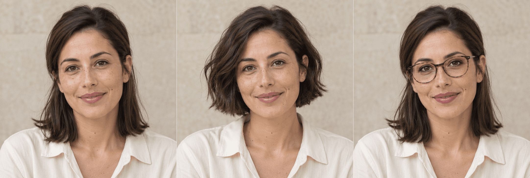 Portrait fictif aux cheveux mi-longs et au maquillage discret.