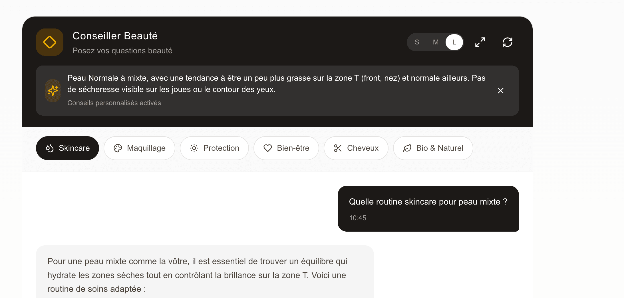 Aperçu de l’interface le conseiller beauté