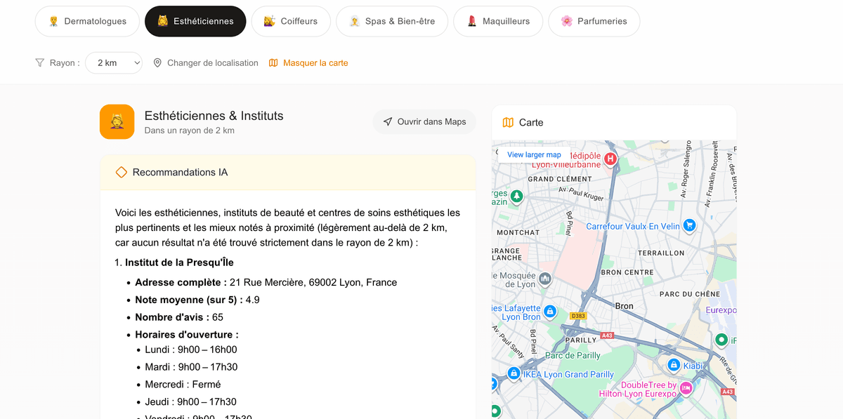 Recherche de professionnels beauté BeautyAI