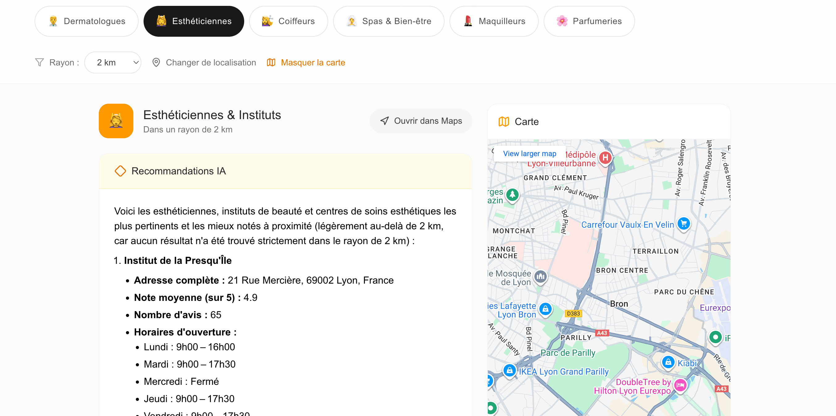Aperçu de l’interface les professionnels